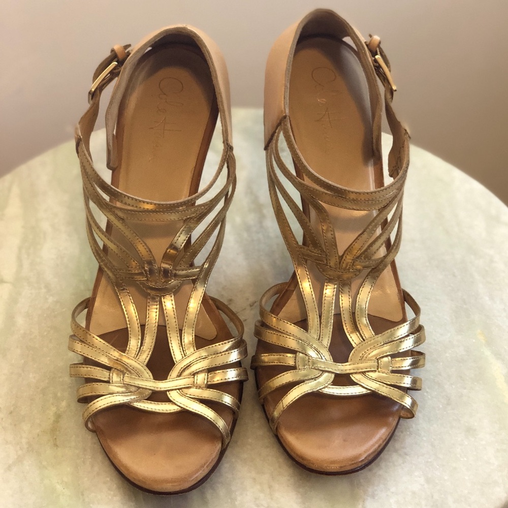 Cole Haan Air Jeanette 11 T-Strap Cage Sandal High Heels Gold + Nude Leather